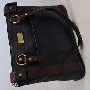BESSEL Black & Brown Genuine Leather Shoulder Bag – Multi-Pocket, Brass Hardware